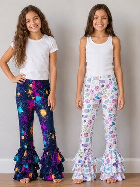 🛍️ 2/$40🛍️  “Good Vibes” Fun Print Ruffle Hem Boutique Leggings